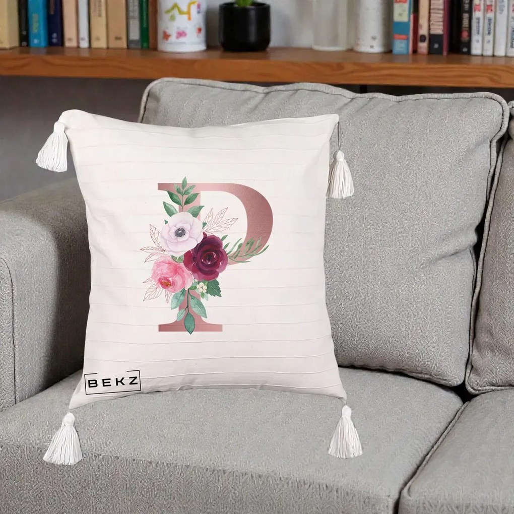 Cadou Personalizat - Perna Personalizata Monograma Rose Gold Litera P, 40x40 cm, Bej cu Franjuri, Husa Detasabila, Perna Inclusa, BEKZ®
