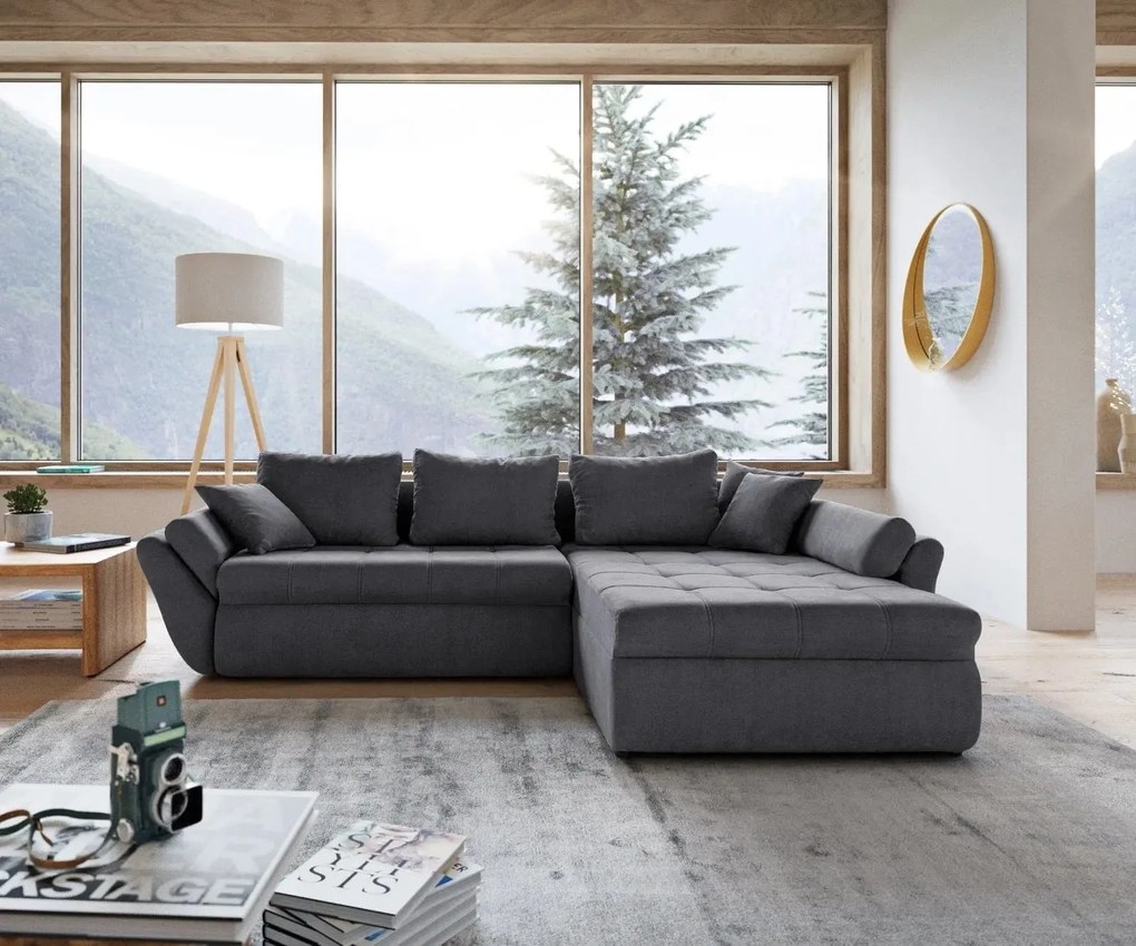 Colțar extensibil dumonde cu ladă de depozitare si sezut confortabil din spuma high-density, Loana Enjoy Grafit II 270x185 cm