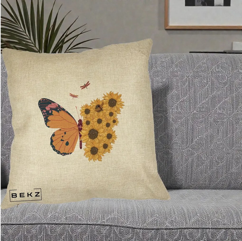 Perna Decorativa Fluture Floarea-Soarelui, 40x40 cm, Crem, Husa Detasabila, Perna Inclusa, BEKZ®