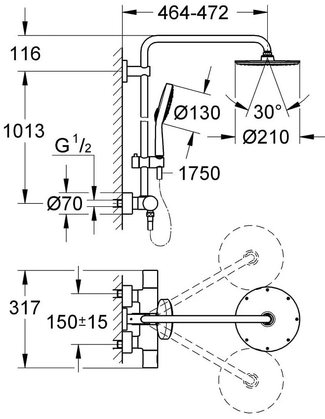 Coloana dus Grohe Rainshower System 210, termostatata, 101cm, crom - 27967000