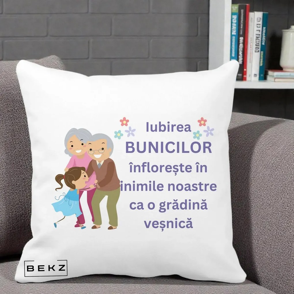 Perna personalizata bunici: Iubirea bunicilor, cu nepoata, text mov, 40x40 cm cu Umplutura, Alb Mat, BEKZ