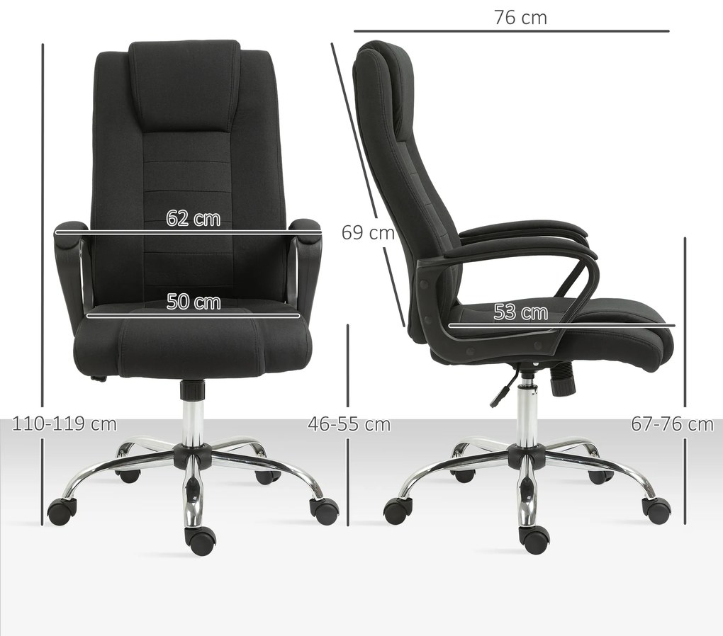 Vinsetto Scaun de Birou Ergonomic, Basculant și Captusit cu Înălțime Reglabilă, 62x76x110-119 cm, Negru | Aosom Romania