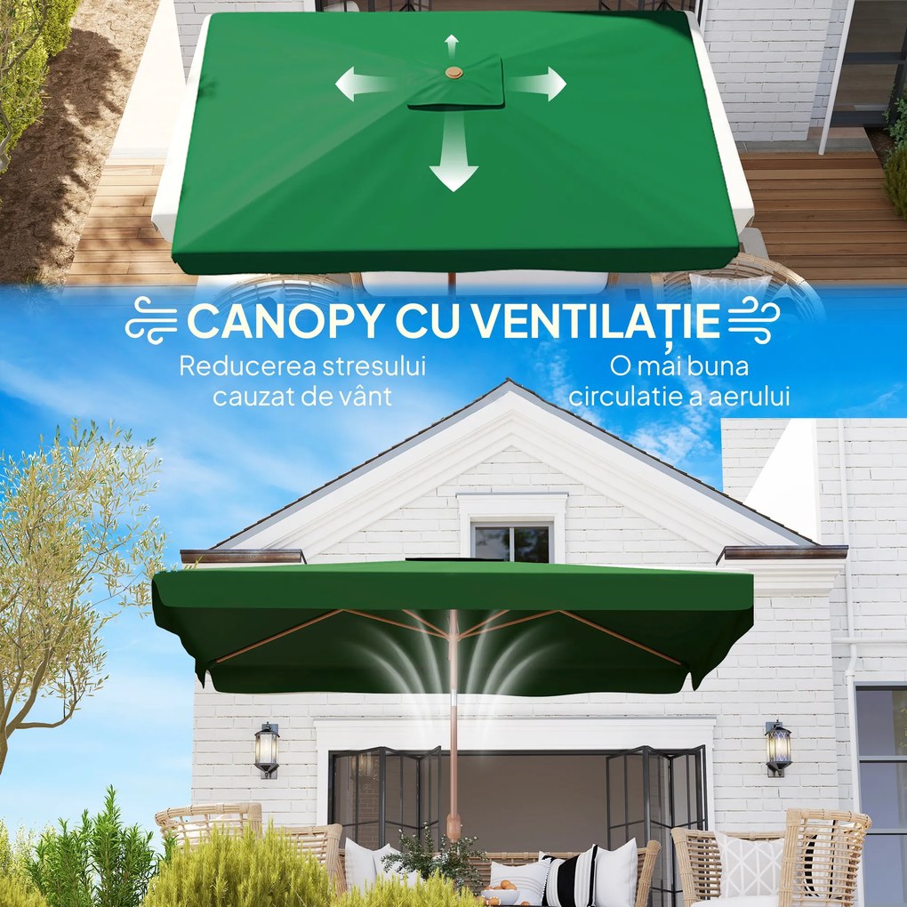 Outsunny Umbrelă de Grădină Înclinabilă cu Deschidere cu Manivelă, și Orificiu de Ventilație, 300x200x235 cm, Verde Închis | Aosom Romania
