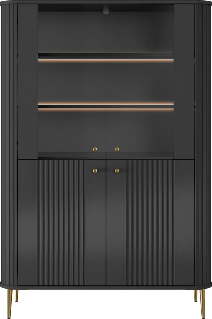 Vitrină Vesper 103 cm cu 4 uși - negru / picioare aurii