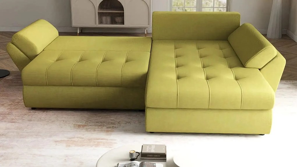 Colțar extensibil dumonde cu ladă de depozitare si sezut confortabil din spuma high-density, Loana Enjoy Green II 270x185 cm