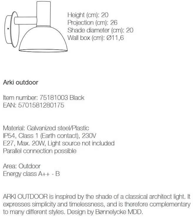 Aplica de perete exterior IP54, Arki 75181003 NL