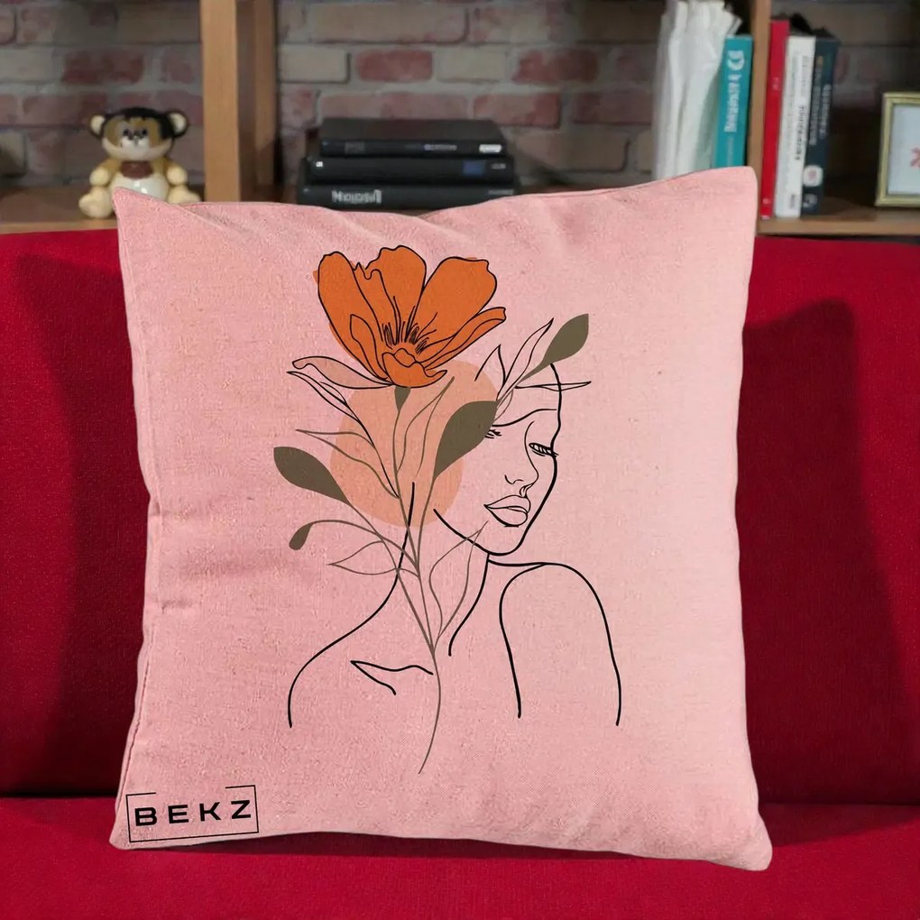 Perna Decorativa Portret Feminin Floare Portocalie, 40x40 cm, Roz, Husa Detasabila, Perna Inclusa, BEKZ®