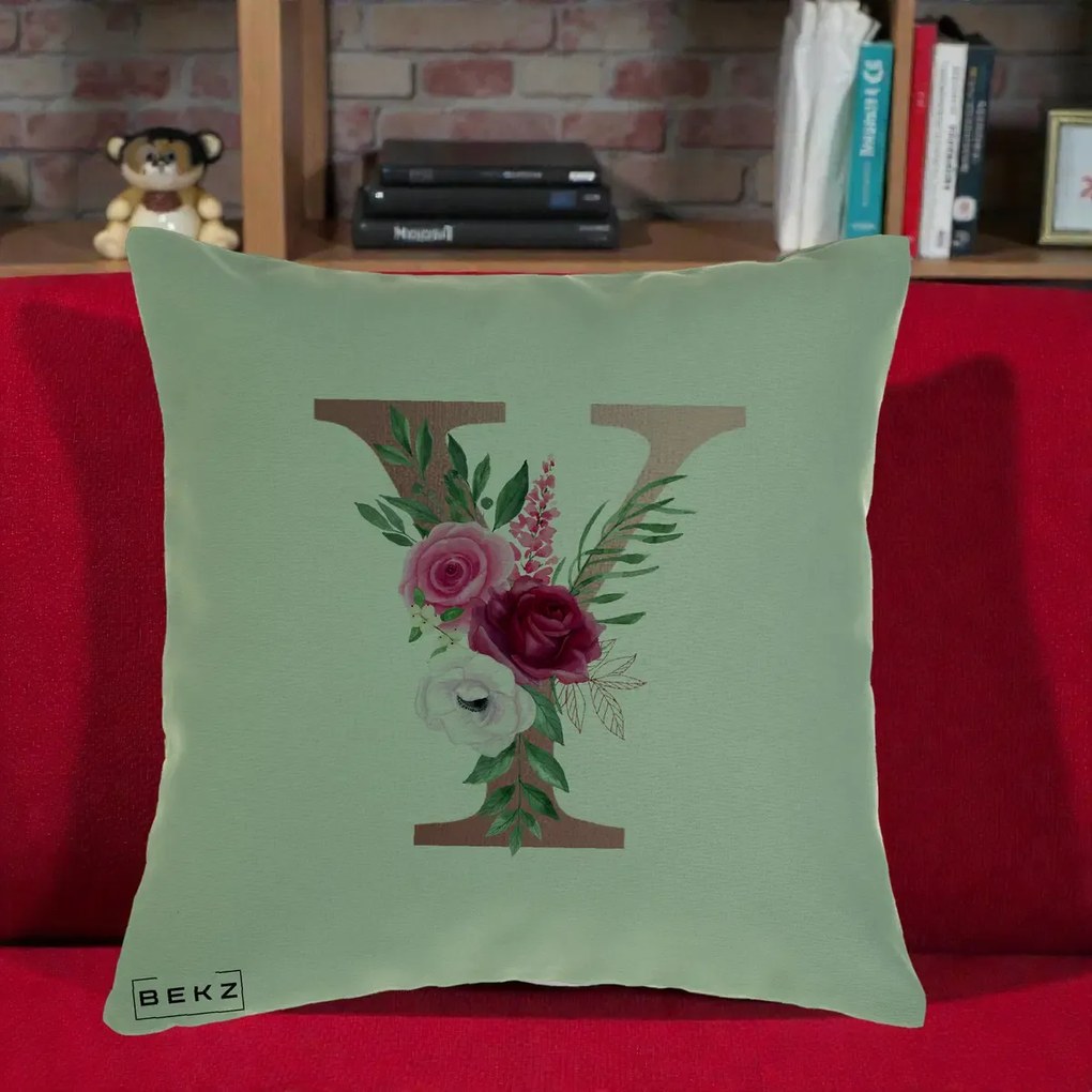 Cadou Personalizat - Perna Personalizata Monograma Rose Gold Litera Y, 40x40 cm, Verde, Husa Detasabila, Perna Inclusa, BEKZ®