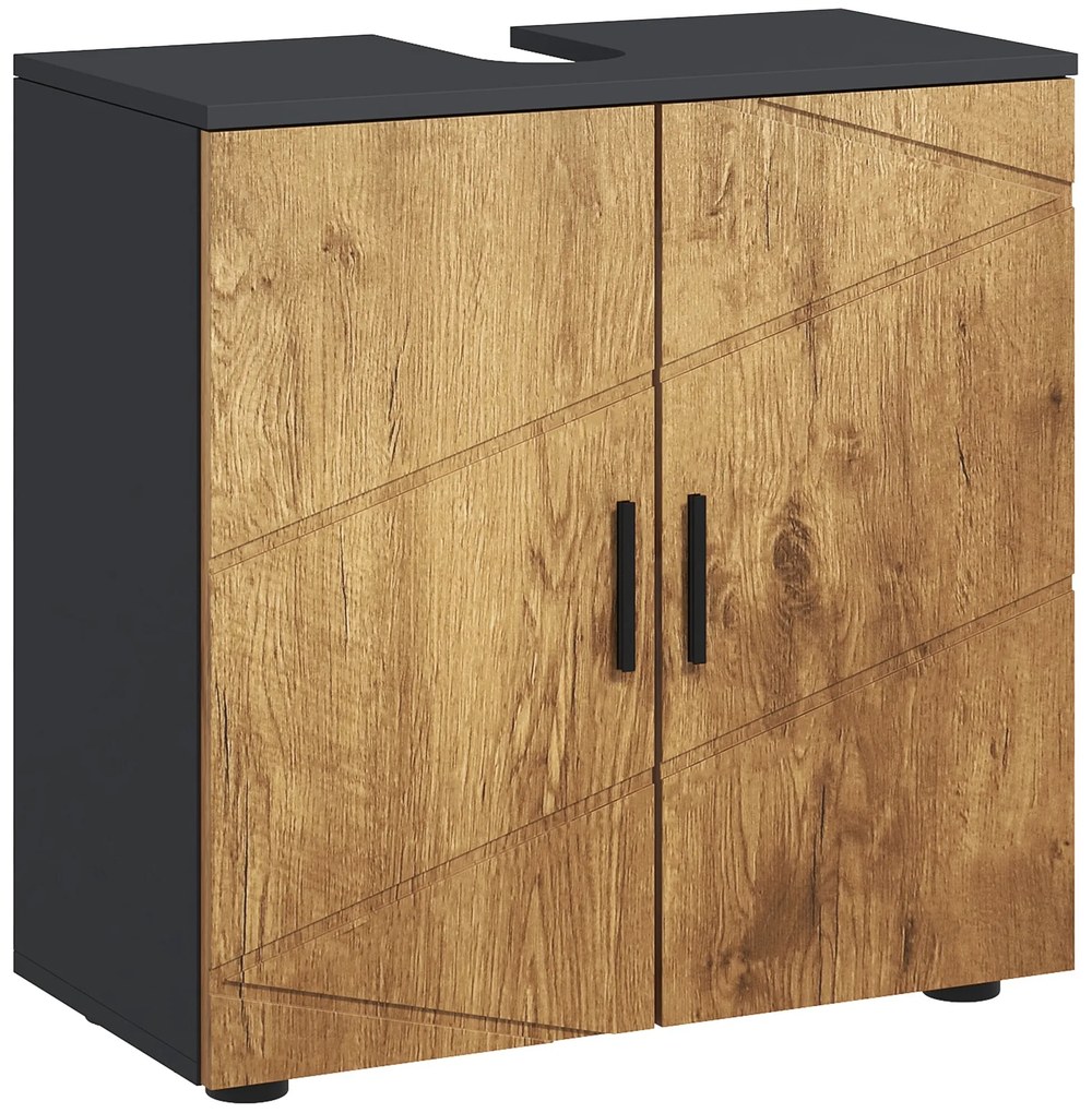kleankin Mobilier sub vas lavabo mobilier de baie 2 usi cu raft 60 x 30 x 60 cm antracit si aspect lemn | Aosom Romania