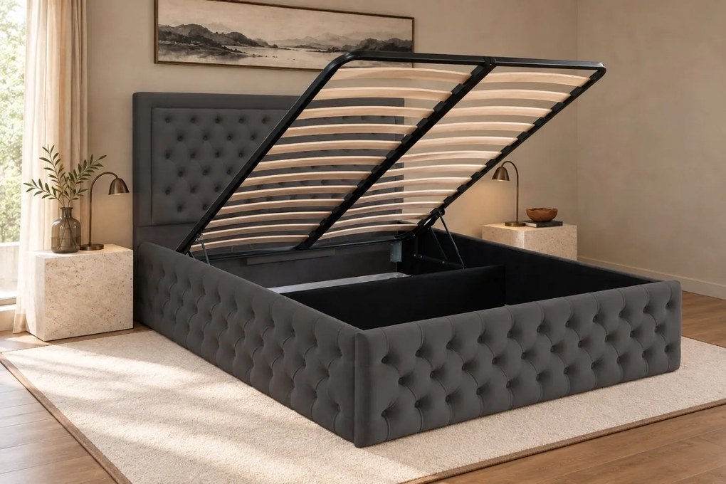 Pat tapițat Chesterfield din catifea Ophelia Deluxe 140×200 cm, gri închis, cu ladă de depozitare