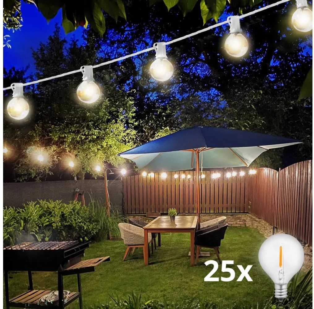 Brilagi GIRLANDA – ghirlandă LED decorativă pentru exterior, 25 x E12, 20 m, cablu alb, IP44, lumină albă caldă