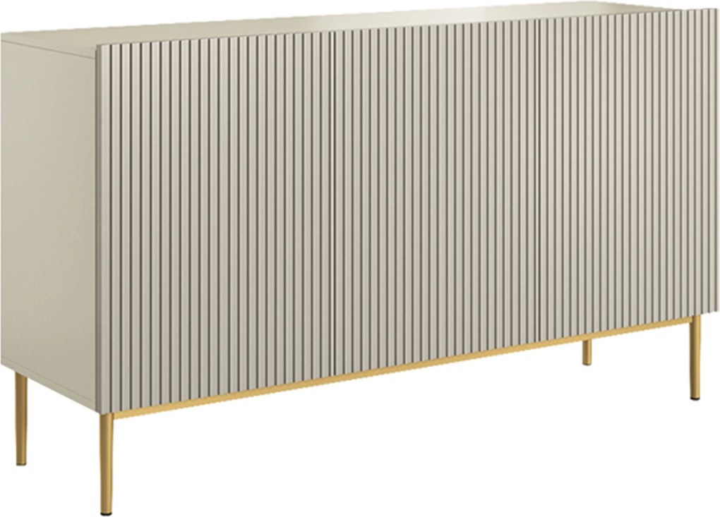 Comodă Nicole 150 cm cu trei uși, fronturi riflate - casmir / picioare aurii