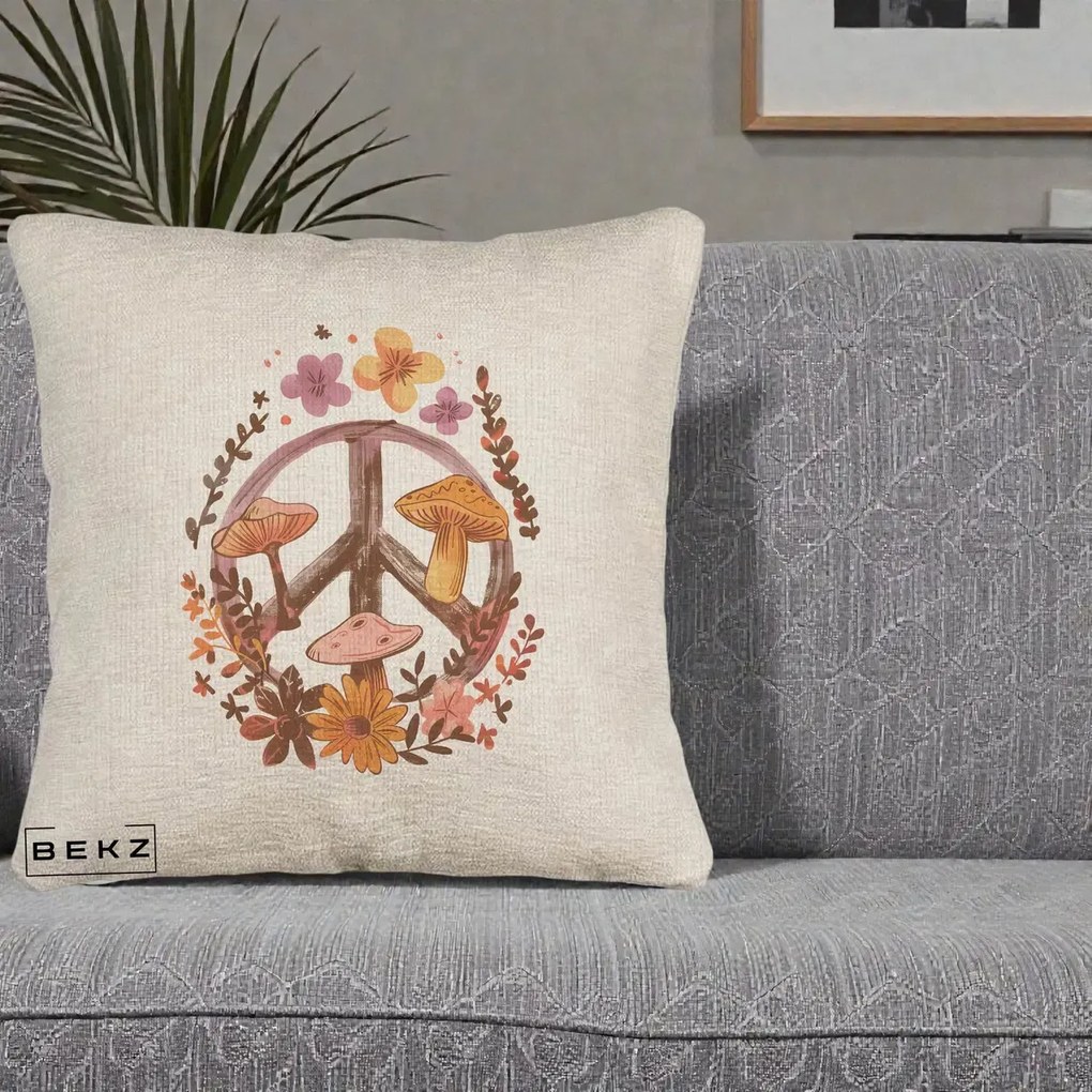 Perna Decorativa Peace Sign Ciuperci Floral, 40x40 cm, Bej Canapea, Husa Detasabila, Perna Inclusa, BEKZ®