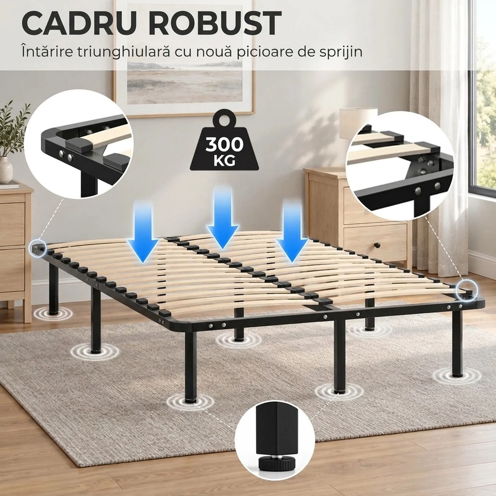 HOMCOM Pat Industrial 120x190x31 cm cu 28 de Lamele și Spațiu de Depozitare, Lemn și Oțel, Negru și Lemn Natural | Aosom Romania