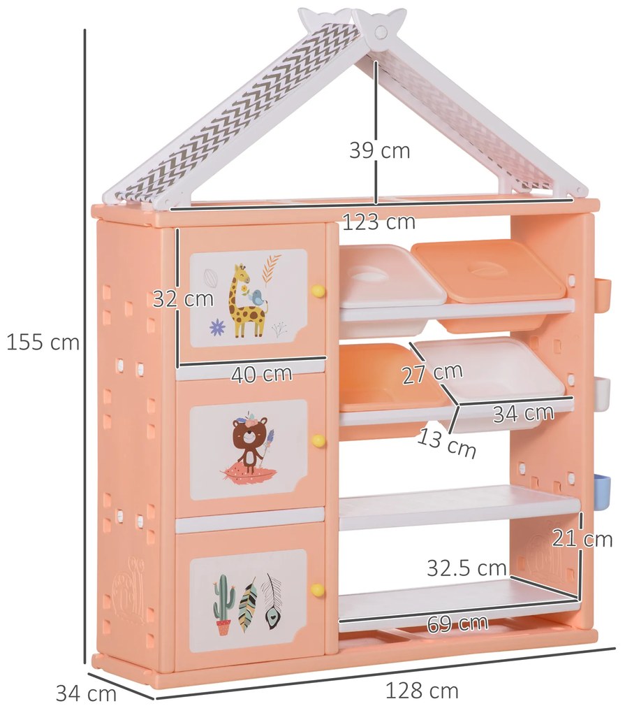 HOMCOM Mobilier Depozitare Jucării, 4 Recipiente, 3 Sertare, Rafturi, 128x34x155cm, Portocaliu | Aosom Romania