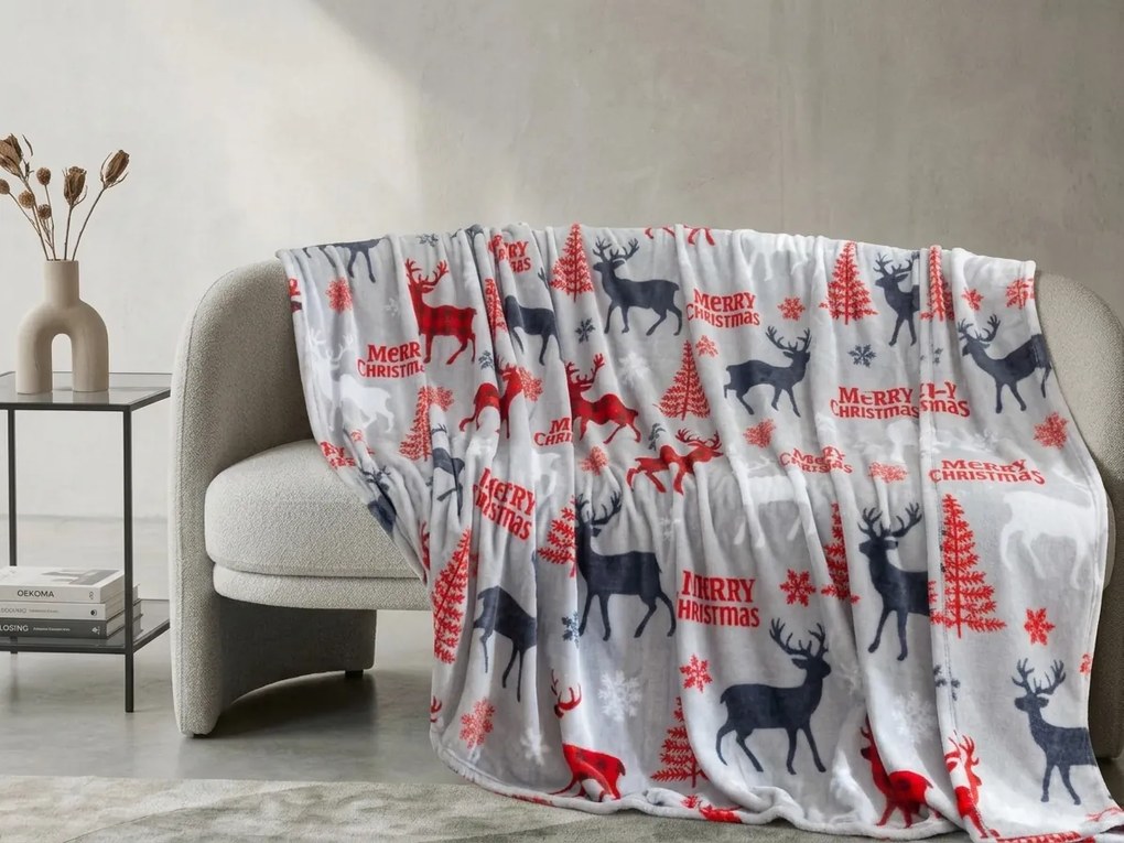 Patura de Craciun din microplus MERRY CHRISTMAS DEER gri Dimensiune: 200 x 220 cm