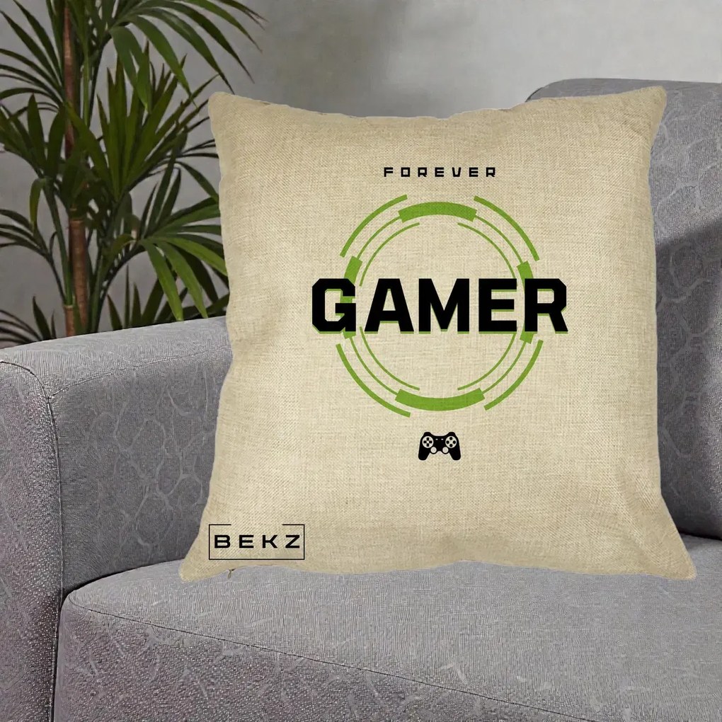 Perna Personalizata Forever Gamer, 40x40 cm, Crem, Husa Detasabila, Perna Inclusa, BEKZ®