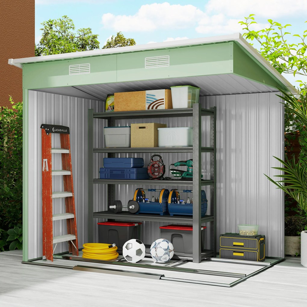 Outsunny Magazie de unelte din metal 2,3 m² 207 x 130 x 182 cm - Magazin pentru unelte cu acoperiș în pantă, fereastră, cadru de sol, verde | Aosom Romania