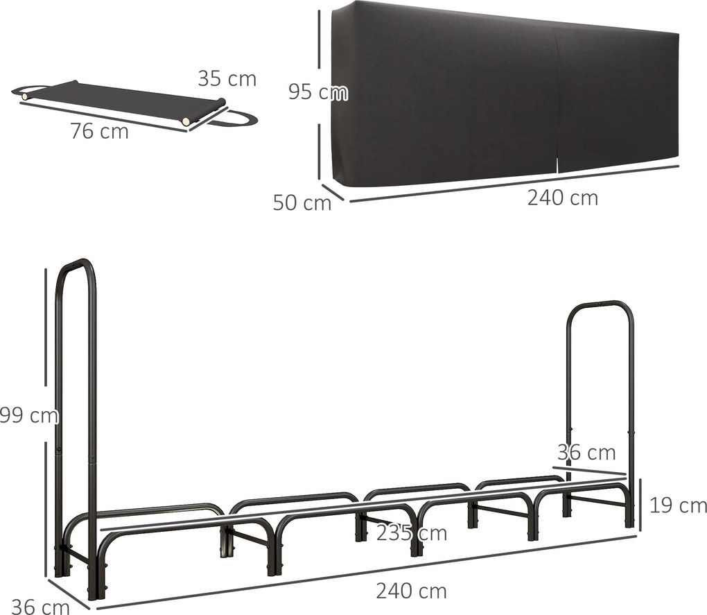 Outsunny Suport pentru Lemne din Metal cu Suport Reglabil, Geantă de Transport și Husă Impermeabilă, 240x36x99 cm, Negru | Aosom Romania