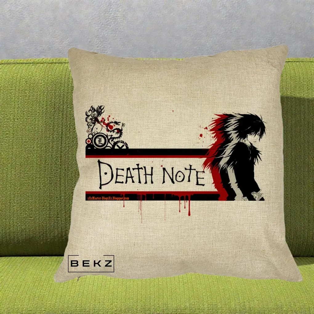 Perna Personalizata Death Note L Lawliet Rosu-Negru, 40x40 cm, Crem, Husa Detasabila, Perna Inclusa, BEKZ®