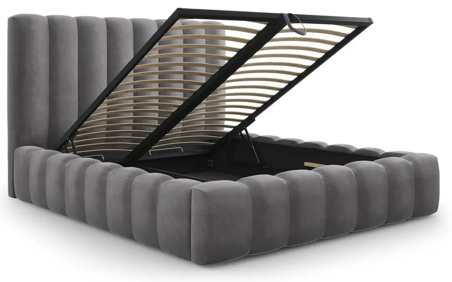Pat dublu 180x200 cm gri tapițat cu spațiu de depozitare și somieră Kelp – Micadoni Home