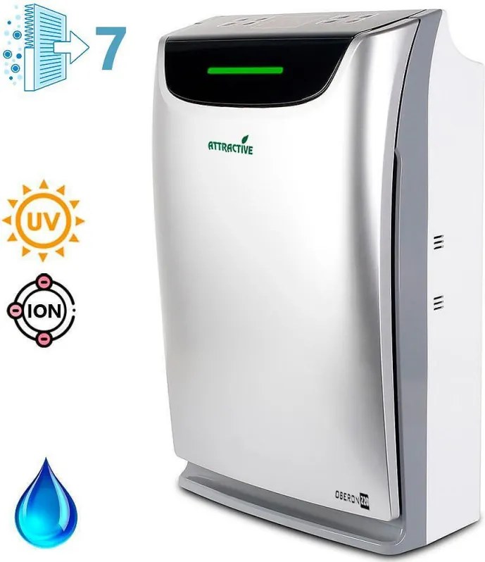 Purificator si umidificator de aer Oberon 220 HYBRID, 65 W, Pana la 40 m², 220 m³/h, 3 viteze, Ionizator, Timer, Sleep Mode, Argintiu