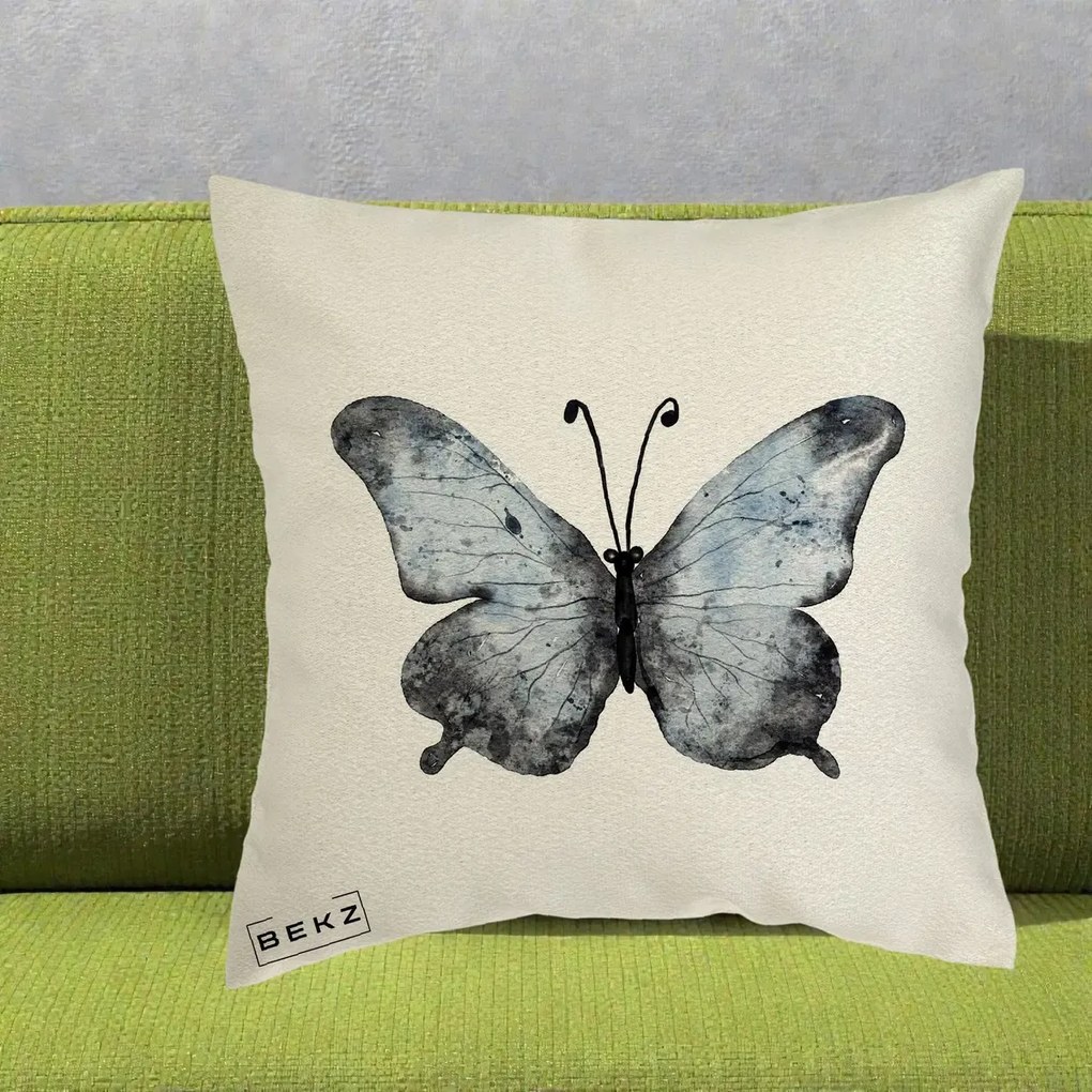 Perna Decorativa Fluture Acuarela Albastru-Gri, 40x40 cm, Ecru, Husa Detasabila, Perna Inclusa, BEKZ®