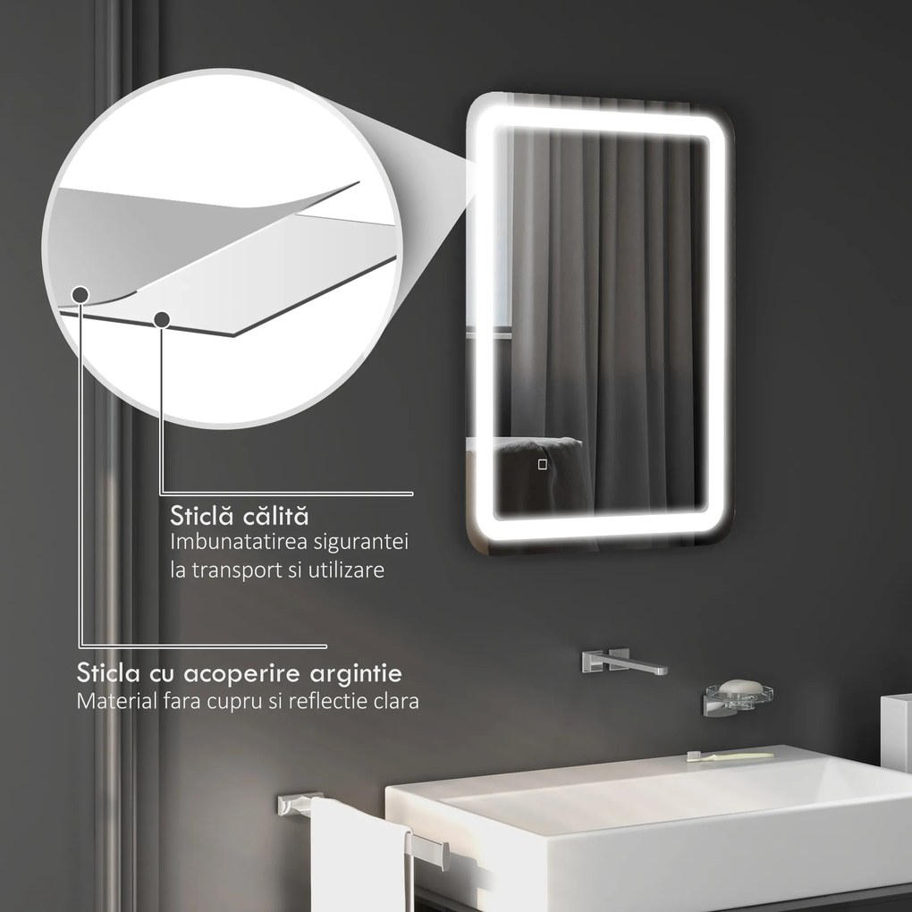 kleankin Oglindă LED, pentru Baie și Machiaj,lumina Reglabilă cu 3 Temperaturi de Culoare, Design anti-aburire, 70x50 cm, Argintiu | Aosom Romania
