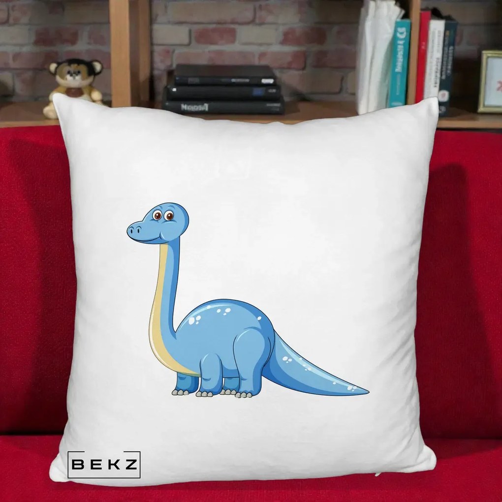 Perna Personalizata Brontosaur Albastru, 40x40 cm, Alb Pufos, Husa Detasabila, Perna Inclusa, BEKZ®