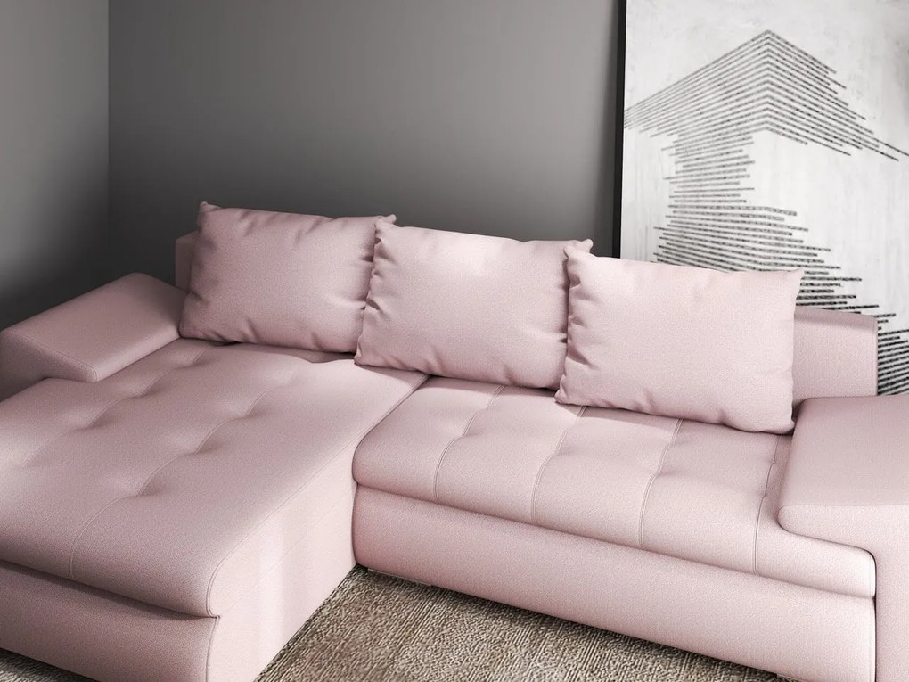 Colțar extensibil dumonde cu ladă de depozitare si sezut confortabil din spuma high-density, Leonardo Enjoy Roz 260x185 cm