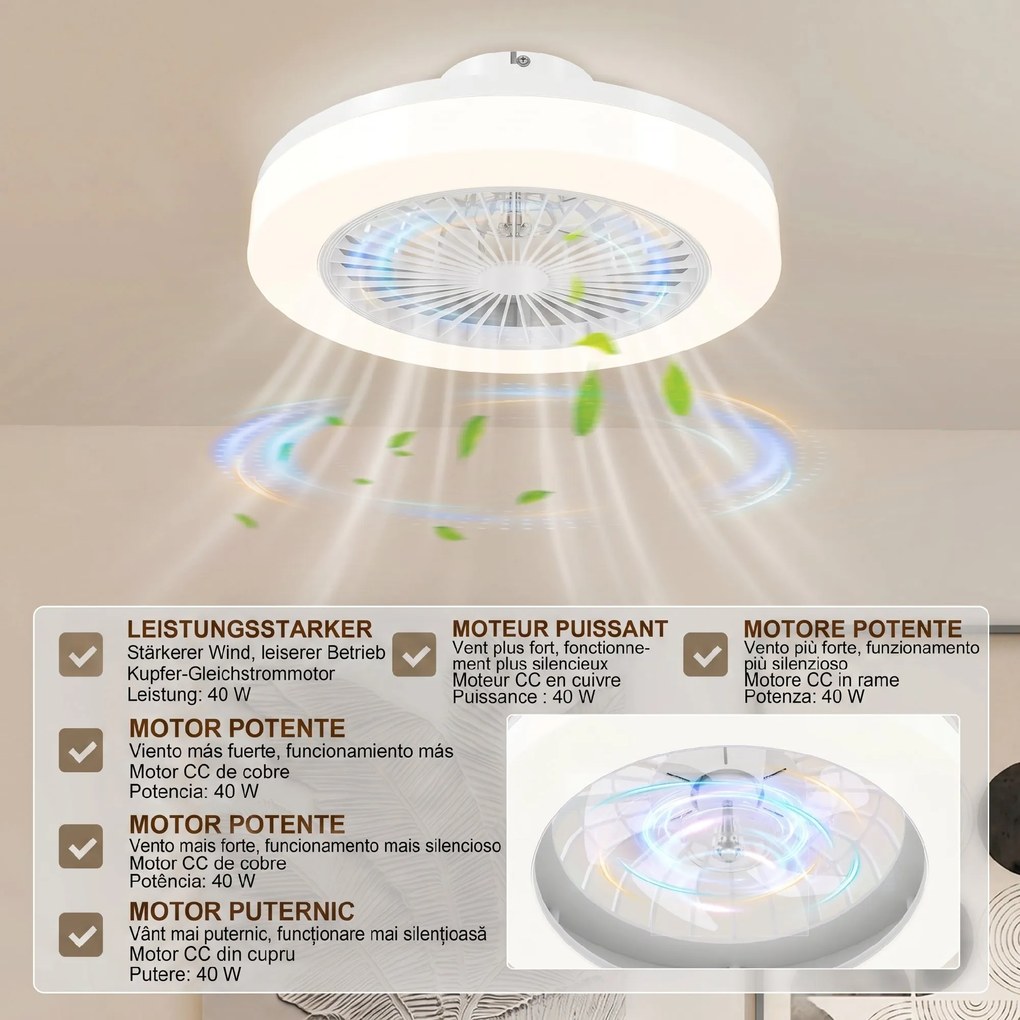 HOMCOM Ventilator de Tavan cu Lumină LED Reglabilă, 6 Viteze și Flux Reversibil, Ventilator din Plastic și Acril, Ø46x16 cm, Alb | Aosom Romania