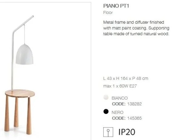 Lampadar cu suport din lemn, masuta cu 3 picioare PIANO PT1 BIANCO 138282