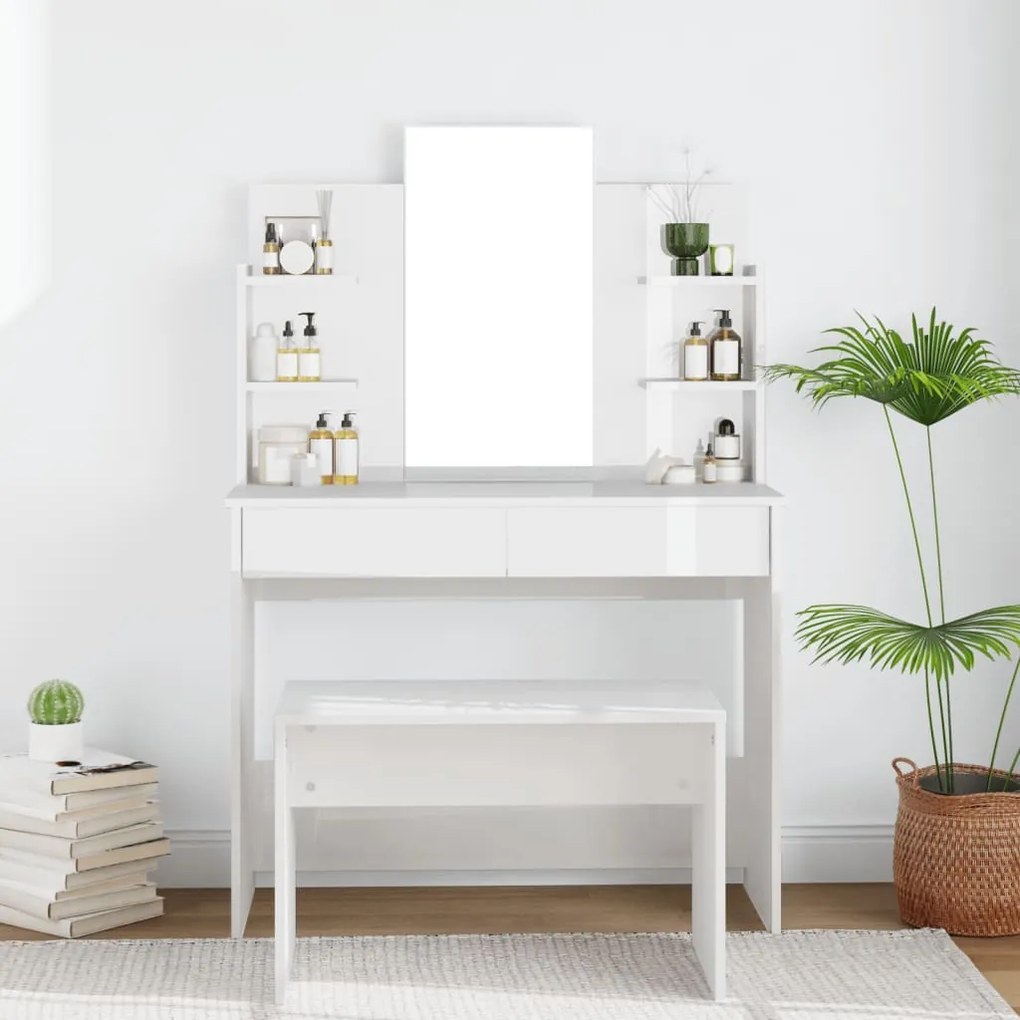802837 vidaXL Masă de toaletă cu oglindă, alb extralucios, 96x40x142 cm