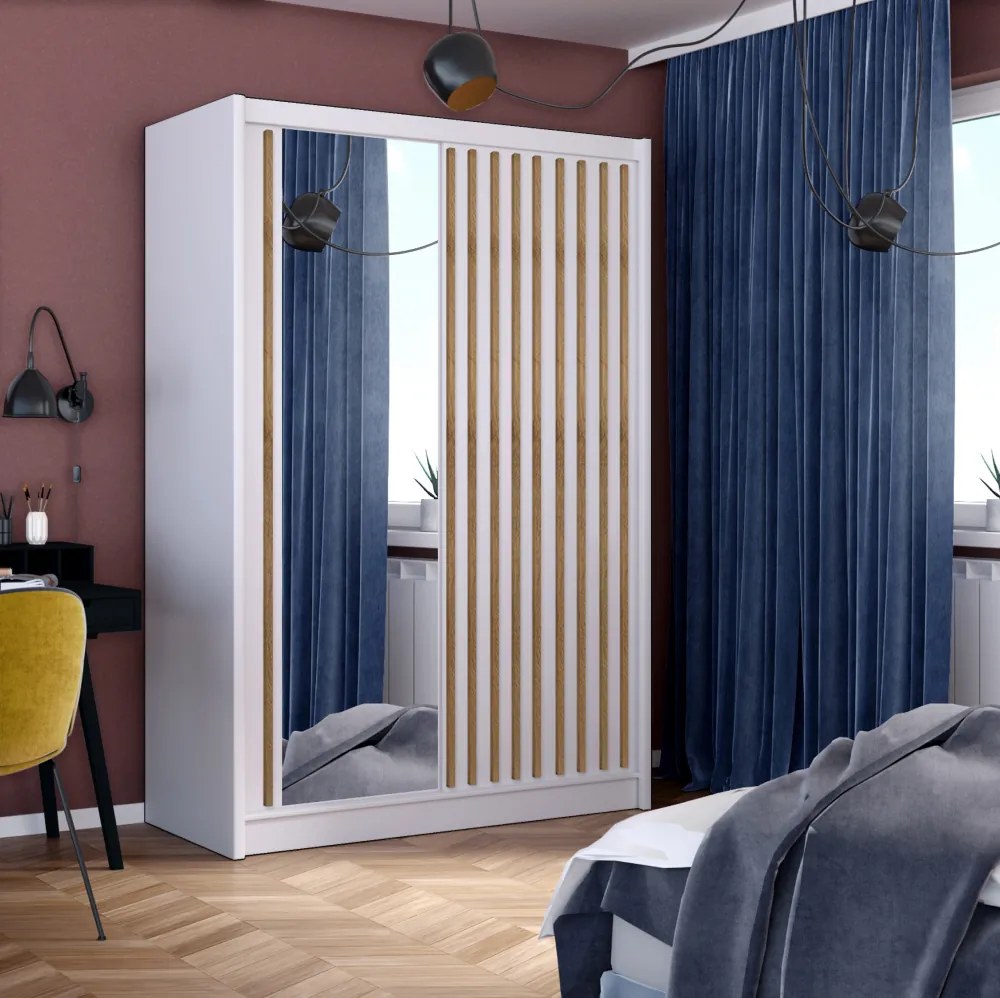Dulap cu uşi glisante, alb / stejar craft, 150x215 cm, LADDER