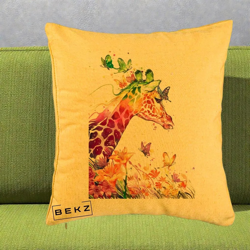 Perna Decorativa Girafa Curcubeu Acuarela, 40x40 cm, Galben, Husa Detasabila, Perna Inclusa, BEKZ®