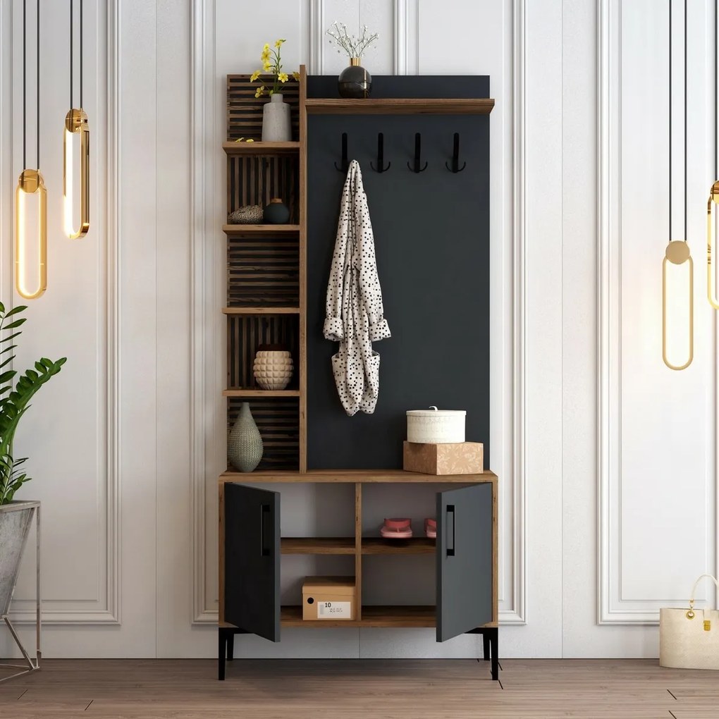 Cuier cu dulap pentru pantofi și rafturi ViyanaWalnut and Anthracite