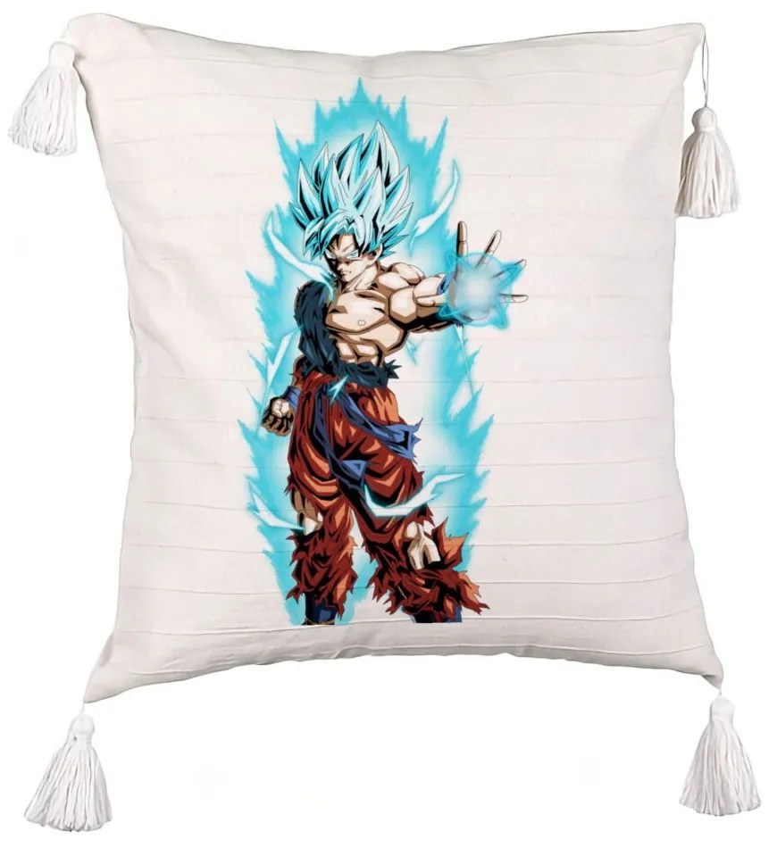 Perna Decorativa cu Franjuri cu Goku Vegeta Super Saiya Saiyan Dragon Ball, 45x45 cm, Ecru, Cu fermoar