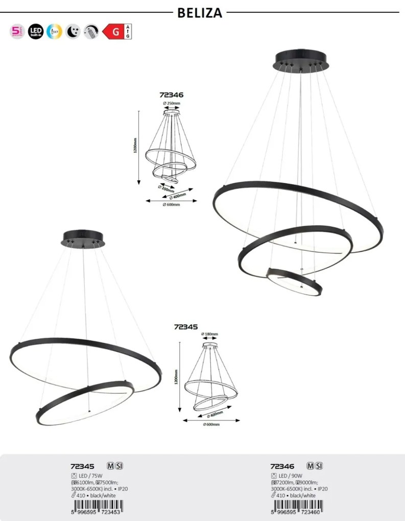Lustra LED cu telecomanda cu 3 inele metal negru Beliza