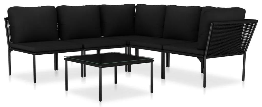 Set mobilier de gradina cu perne, 6 piese, negru, PVC 2x colt + 3x mijloc + masa, 1