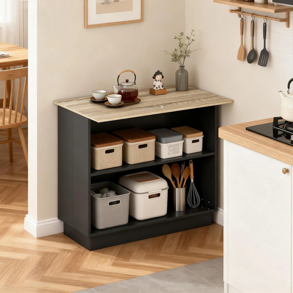 HOMCOM Insulă de Bucătărie cu Bar, Cărucior de Bucătărie cu 2 Compartimente Deschise și 2 Dulapuri, 105x60x82 cm, Negru | Aosom Romania