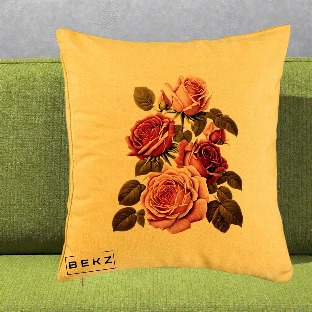 Perna decorativa cu flori: Trandafiri Vintage Roz-Rosii, 40x40 cm cu Umplutura, Galben, BEKZ