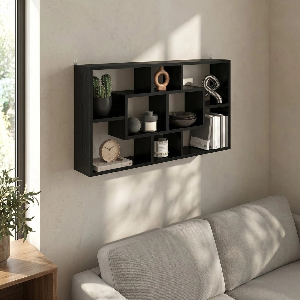 HOMCOM Etajeră de Perete cu 8 Compartimente, 85 x 14,5 x 47,5 cm, Lemn, Negru | Aosom Romania