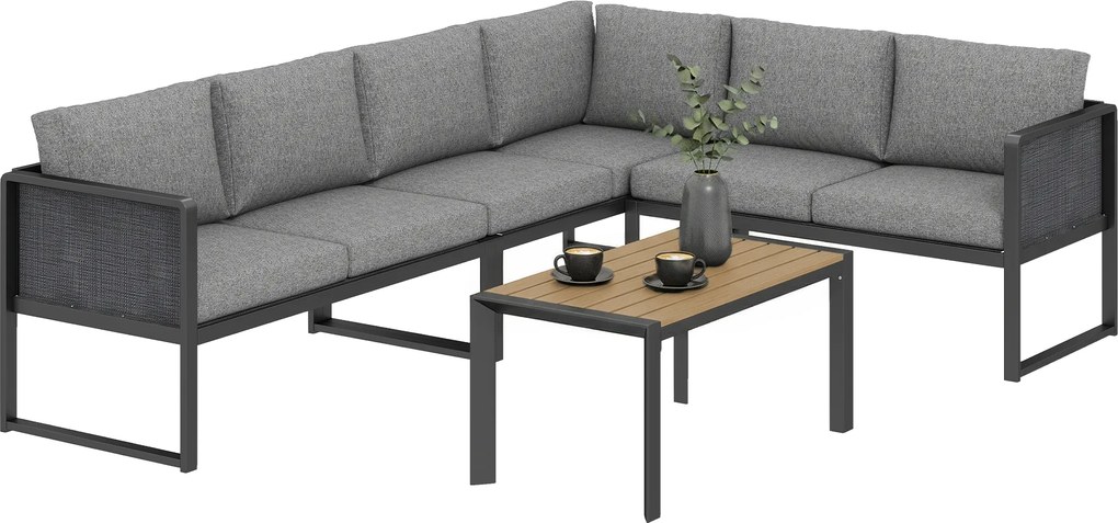 Outsunny Set mobilier de grădină exterior colțar modulabil 6 persoane, canapele, masă de cafea și perne, gri închis | Aosom Romania