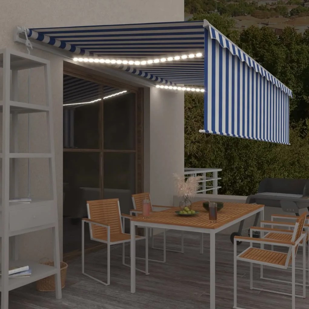 vidaXL Copertină retractabilă stor&amp;LED&amp;senzor vânt, albastru/alb, 5x3m