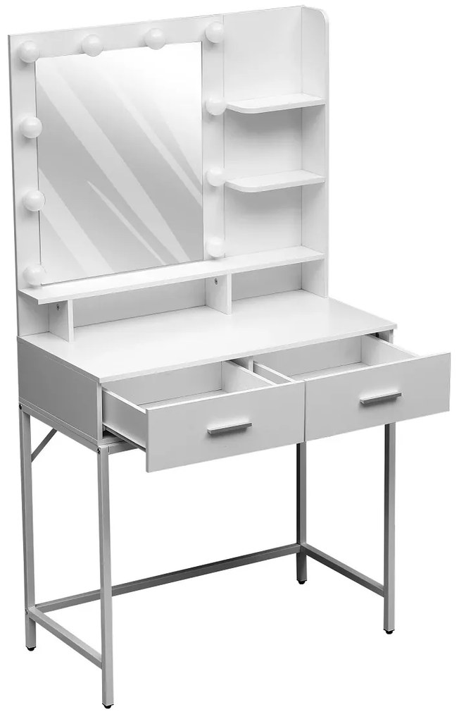 Set ELINORE – Masă de Toaletă pentru Machiaj, Oglinda 10 becuri LED, Iluminare reglabila, 2 sertare, separatoare, rafturi, scaun, Alb