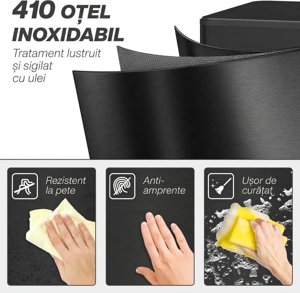 HOMCOM Coș de gunoi 20L cu închidere lentă și recipient detașabil, din oțel și PP, 21,5x37,2x57 cm, negru | Aosom Romania