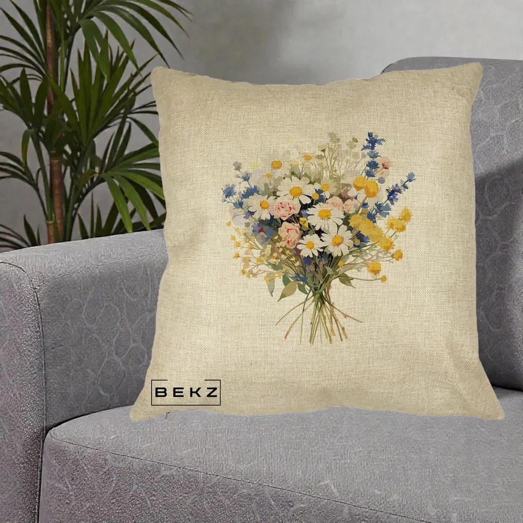 Perna Decorativa Buchet Camp Acuarela Margarete-Lavanda, 40x40 cm, Crem, Husa Detasabila, Perna Inclusa, BEKZ®