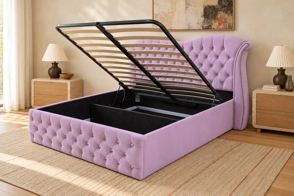 Pat tapițat Chesterfield Avella 180×200 cm, lila, cu ladă de depozitare