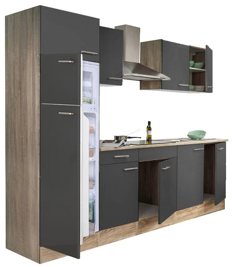 Mobilă de bucătărie Yorki 270, corp din stejar sonoma, față antracit satinat, frigider cu congelator superior