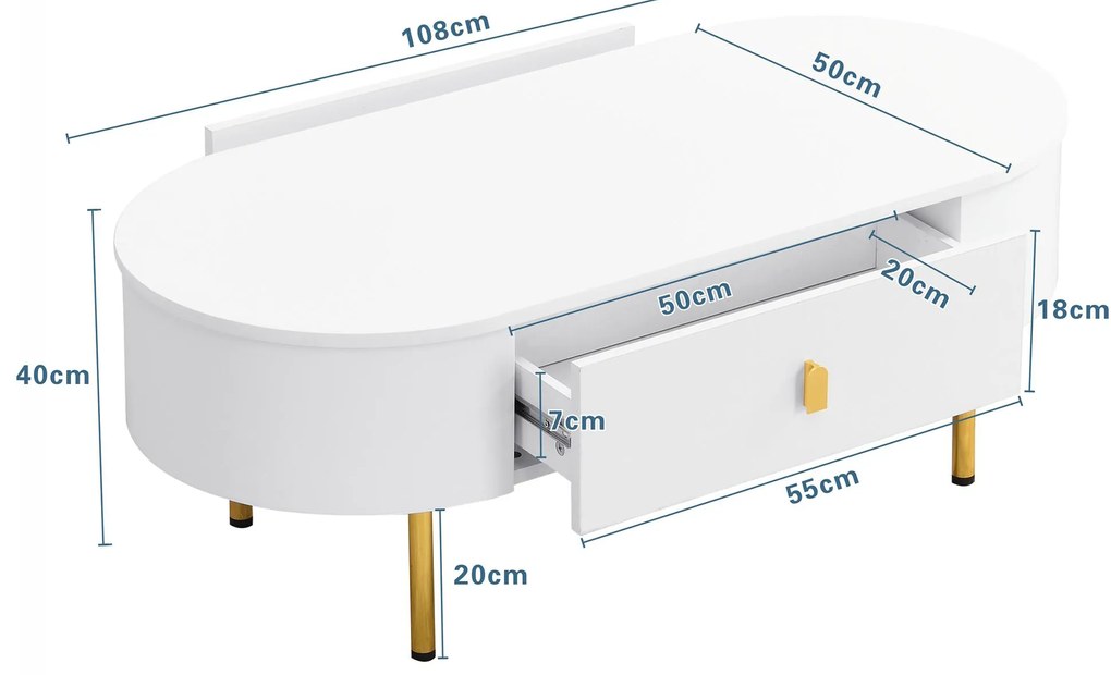 Masă de cafea cu 2 sertare, colțuri rotunjite, mânere și picioare aurii, 108x50x40 cm, Alb